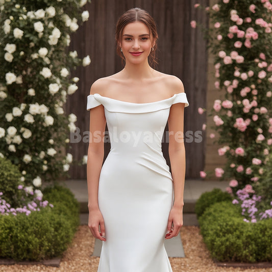 BWD00026 Satin Pleated Lapel Off Shoulder Mermaid Wedding Dress Perfect as Informal Bridal Gowns