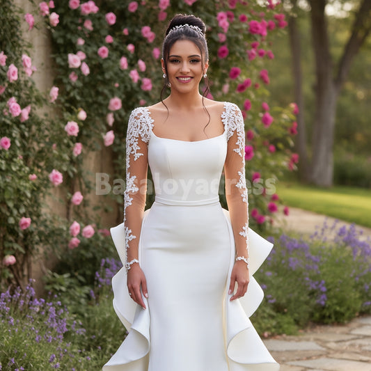 BWD00033 Satin Mermaid Wedding Dress With Long Sleeve and Lace Appliques Ruffle Train Wedding Gown