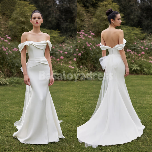 BWD00030 Off-the-shoulder Satin Pleated Mermaid Wedding Dress with Detachable Bow Train