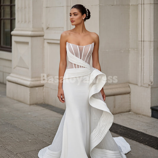 BWD00027 Strapless Fishbone Bodice Pleated Light Beige Mermaid Wedding Dress with Side Train