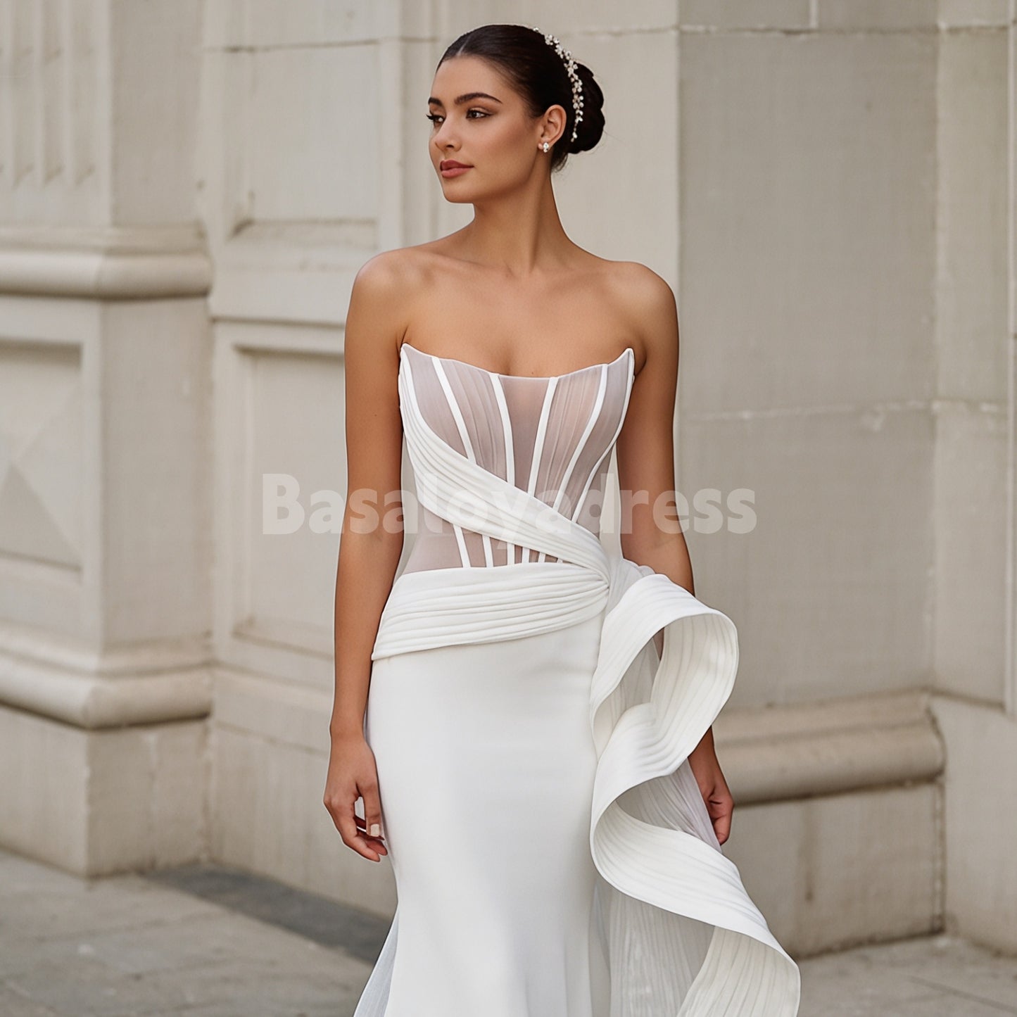 BWD00027 Strapless Fishbone Bodice Pleated Light Beige Mermaid Wedding Dress with Side Train