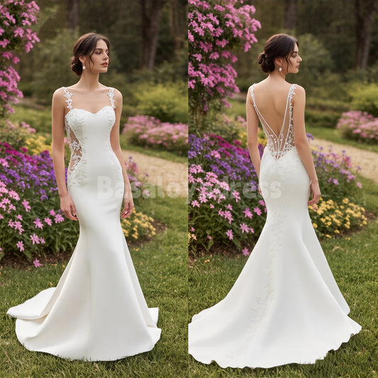 BWD00037 Women's Sweetheart Neckline Lace Applique Beach Mermaid Wedding Dress Backless Boho Bridal Gowns Long