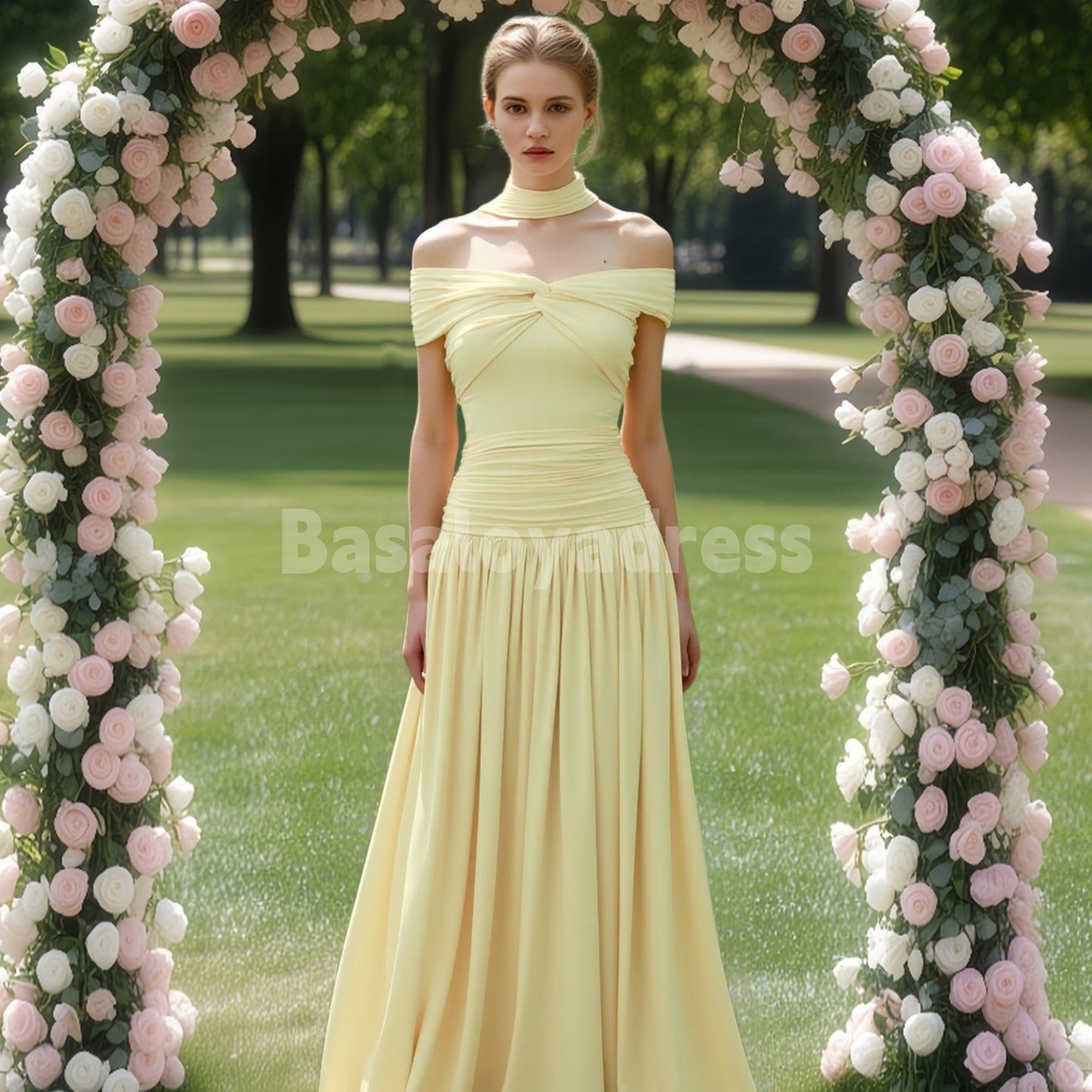 BDES00118 Lemon YellowA-line Off-Shoulder Maxi Dress Drop Waist Pleated Prom Dress
