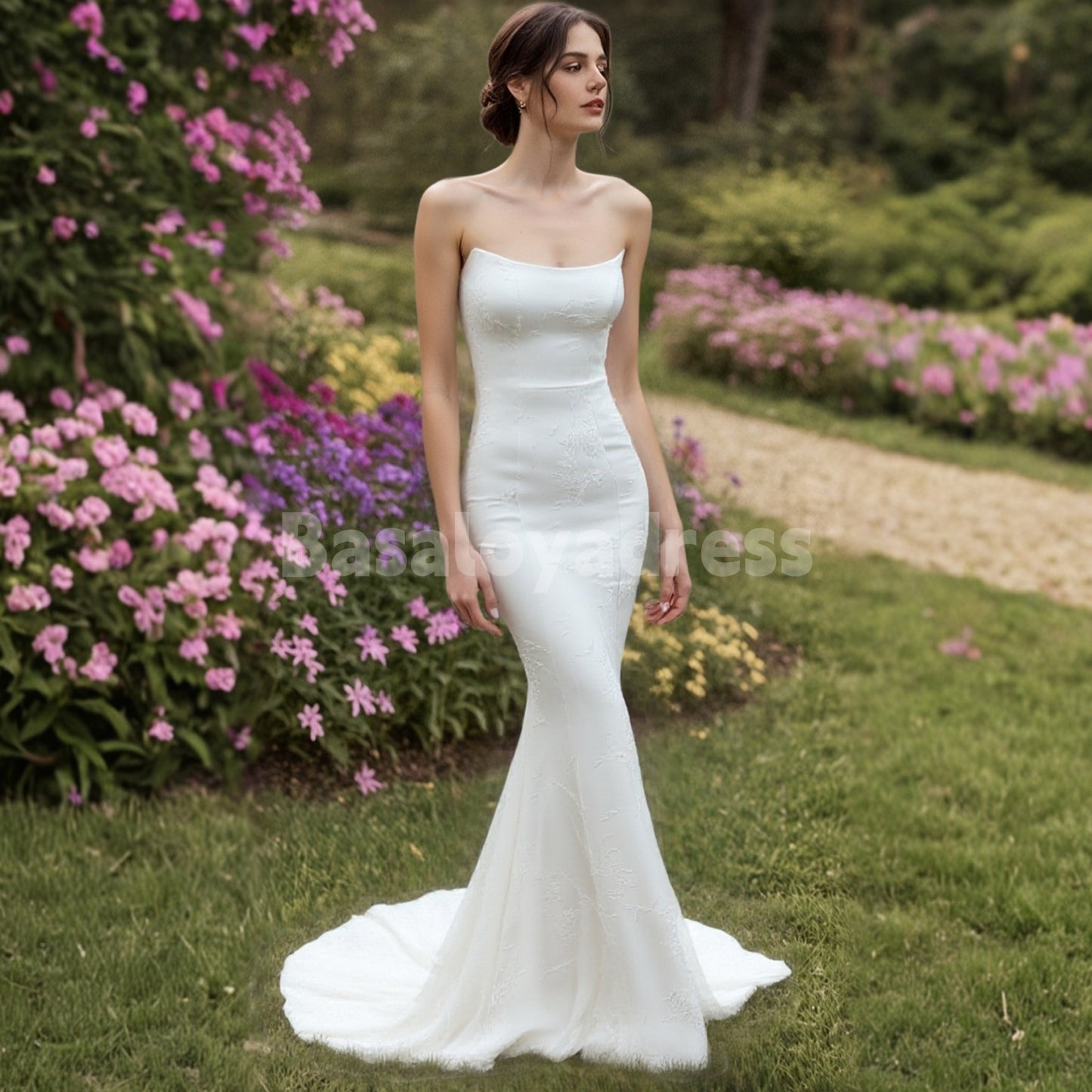 BWD00044 Mermaid Strapless Floral Jacquard Wedding Dress with Tulle and Diamond Gloves