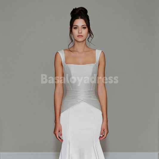 BWD00028 Silver Gray/Light Beige 2026 New Modern Wedding Dress Simple Satin Wide Straps Mermaid Dress with Train