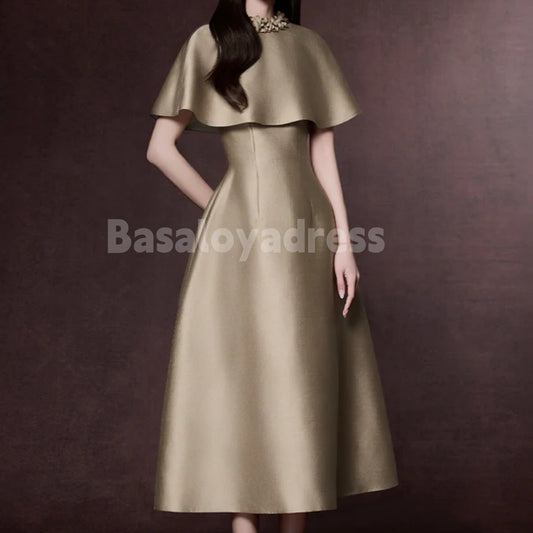 BDES00116 Round Neck Cape Sleeve 3D Flowers A-line Midi Dress