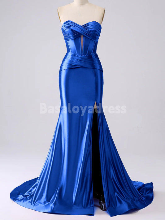 BDES00136 Strapless Cut Out Long Prom Dress Ruched Satin Formal Evening Gown with Slit