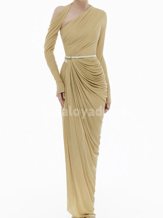BDES00112 Ginger Asymmetric Neck Long Sleeves Ruched Draped Maxi Dress with Belt