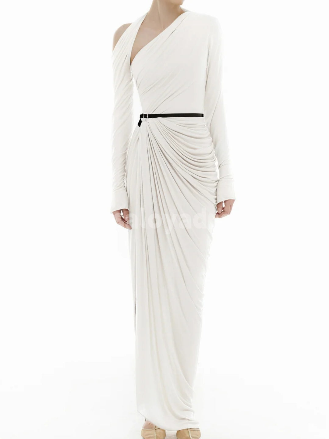 BDES00112 Ginger Asymmetric Neck Long Sleeves Ruched Draped Maxi Dress with Belt