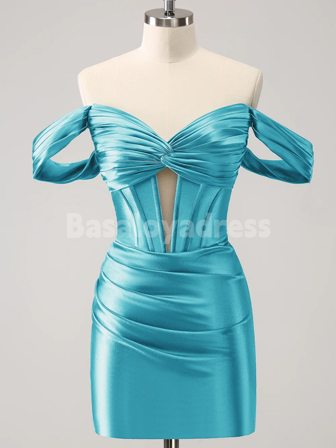 BSD00058 Dark Green Tight Off the Shoulder Cutout Corset Satin Mini Dress Short Homecoming Dress