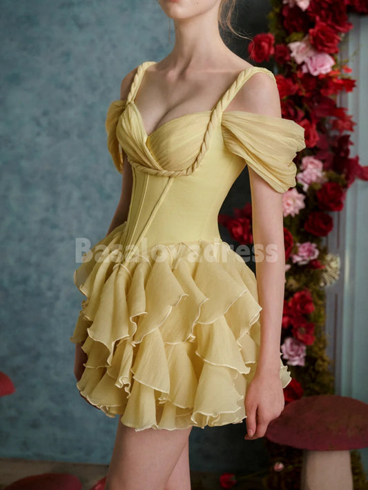 BSD00066 Elegant Yellow A-Line Wedding Party Dress Sweetheart Short Sleeves Organza Mini Dress Special Occasion Birthday Dresses Custom
