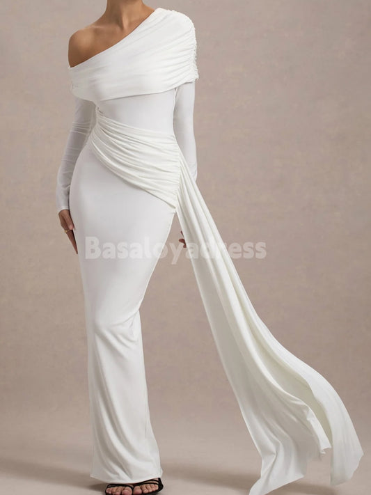 BWD00042 Light Beige One Shoulder Asymmetric Ruched Wrap Drape Maxi Dress