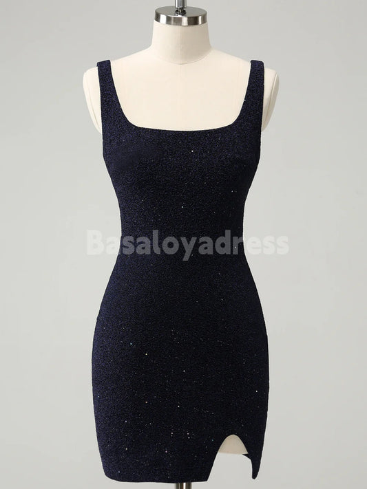 BSD00062 Sparkly Dark Blue Homecoming Dress Square Neck Bodycon Mini Dress With Slit