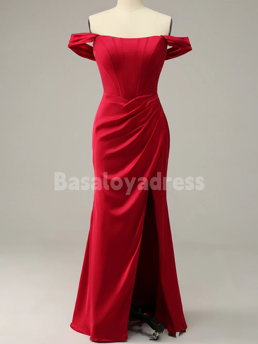 BDES00081 Mermaid Off the Shoulder Red Floor-length Prom Dress with pleats and Split Front
