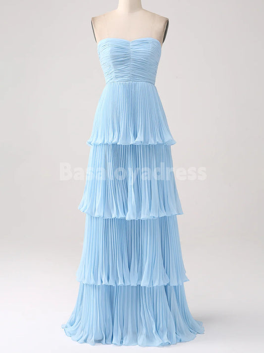 BDES00104 2025 A Line Chiffon Ruched Sweetheart Strapless Tiered Prom Dresses