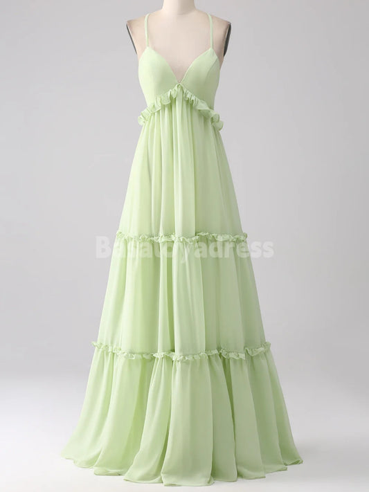 BDES00107 Emerald Green A Line Green Bridesmaid Dress with Lace-up Back Chiffon Maxi Dress with Ruffles