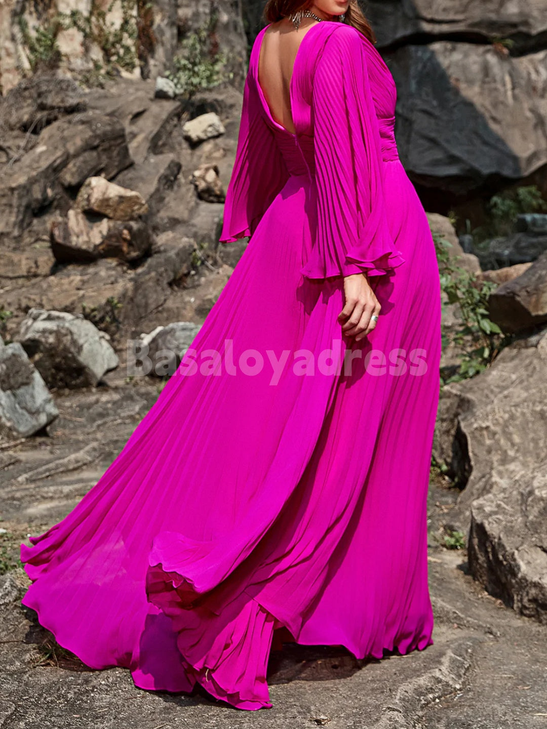 BDES00080 Elegant A Line Deep V Neck Fuchsia Plus Size Prom Dress with Long Bell Sleeves