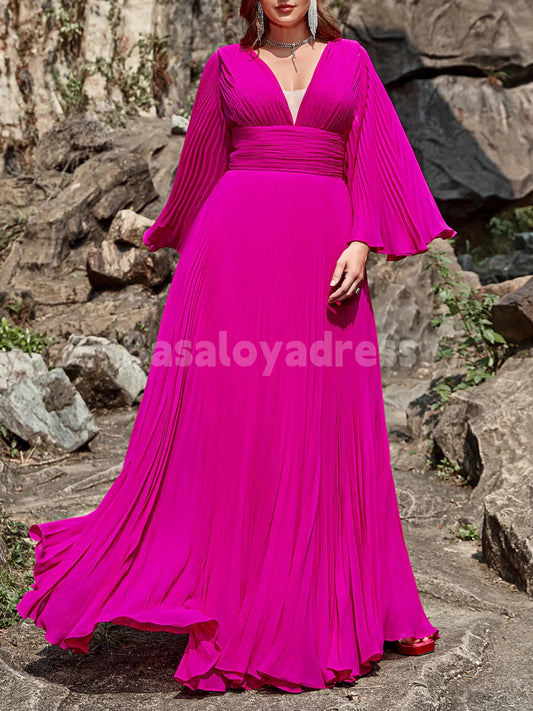 BDES00080 Elegant A Line Deep V Neck Fuchsia Plus Size Prom Dress with Long Bell Sleeves