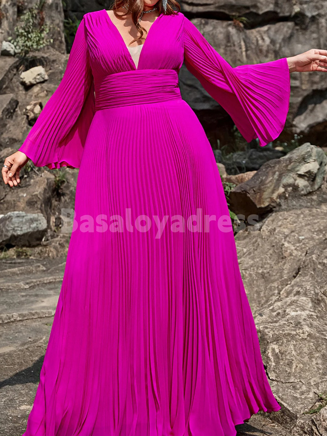 BDES00080 Elegant A Line Deep V Neck Fuchsia Plus Size Prom Dress with Long Bell Sleeves