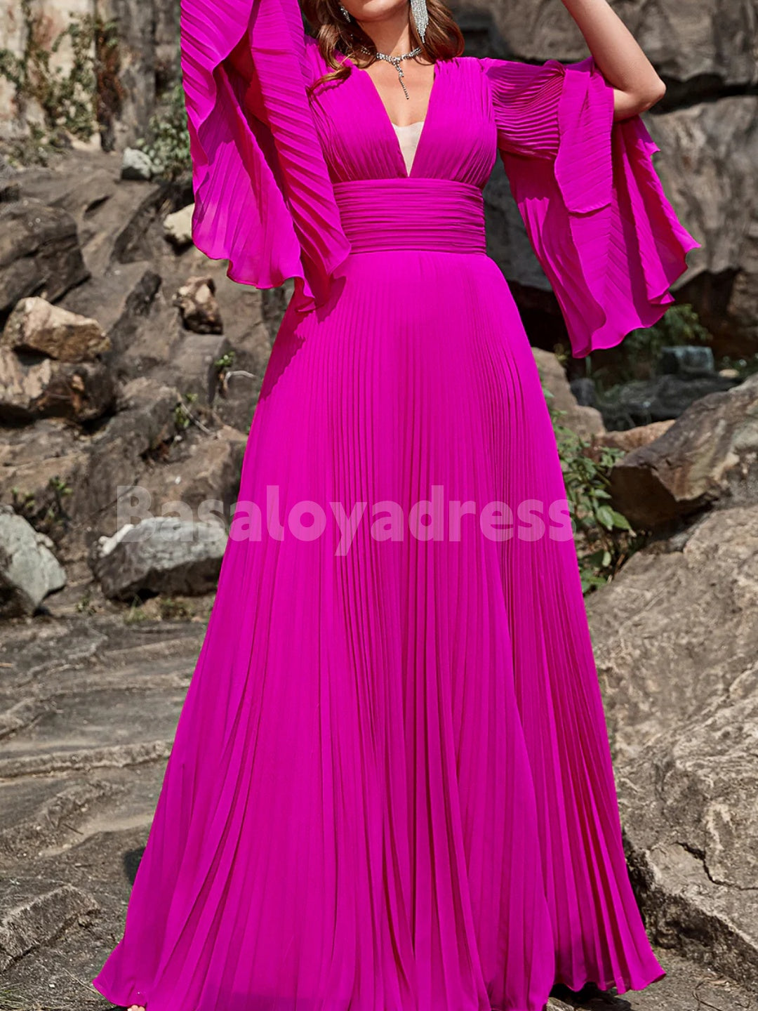 BDES00080 Elegant A Line Deep V Neck Fuchsia Plus Size Prom Dress with Long Bell Sleeves