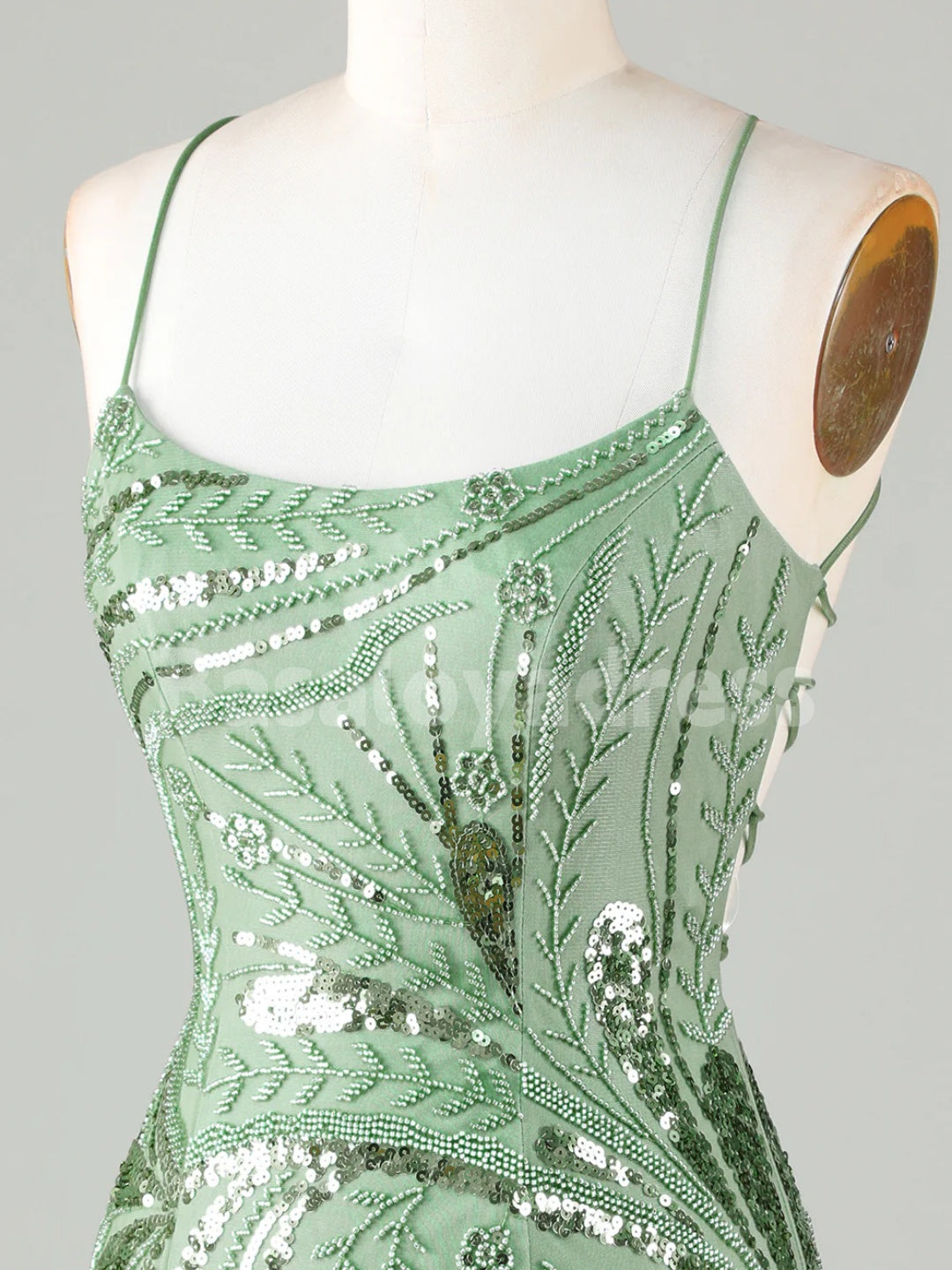 BSD00035 Sparkly Sequins Green Sheath Spaghetti Straps Cocktail Dress Short Homecoming Dress with Criss Cross Back