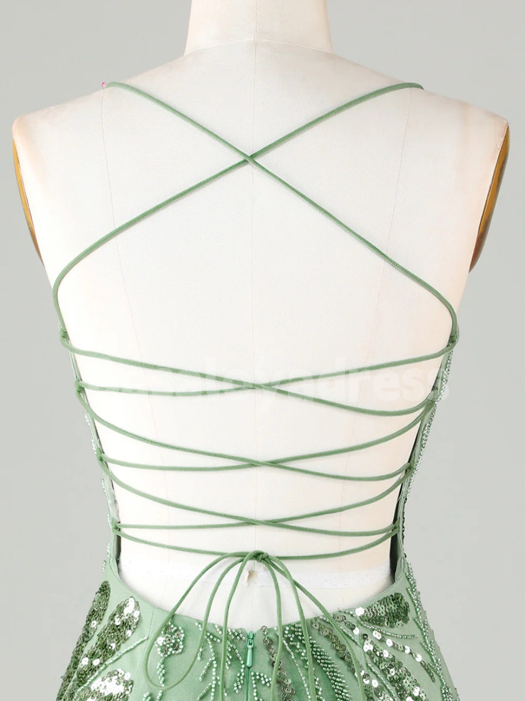 BSD00035 Sparkly Sequins Green Sheath Spaghetti Straps Cocktail Dress Short Homecoming Dress with Criss Cross Back