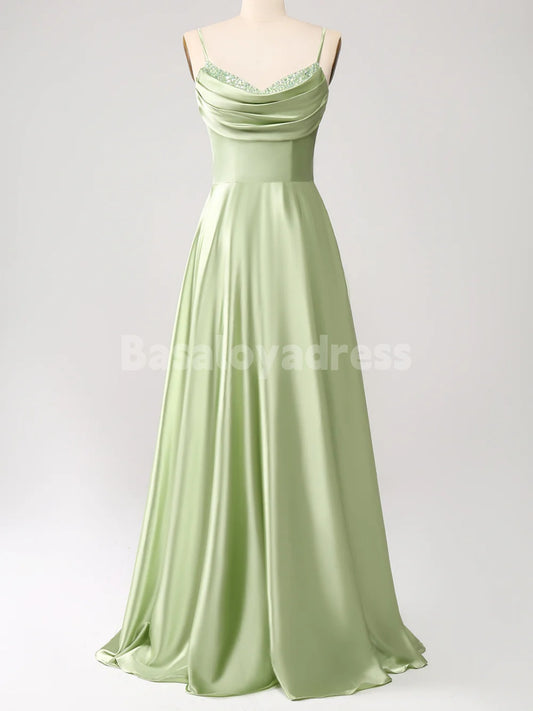 BDES00137 A Line Cowl Neck Satin Long Prom Dress with Pleats and Sequins