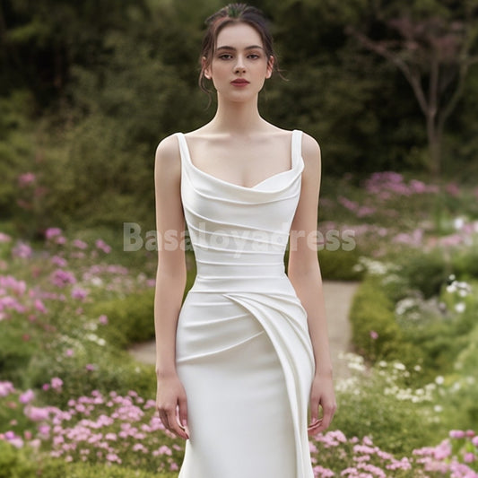BWD00036 Elegant Wedding Dress with Wide Straps and Cowl Neck Mermaid Sleeveless Pleated Floor Length Bridal Gowns