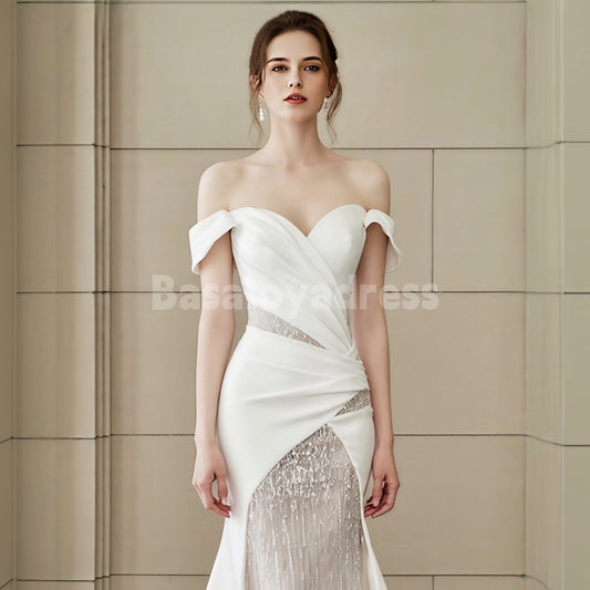BWD00038 Modern Sparkly Off-Shoulder Mermaid Satin Wedding Dress With Train High Slit Bridal Dress