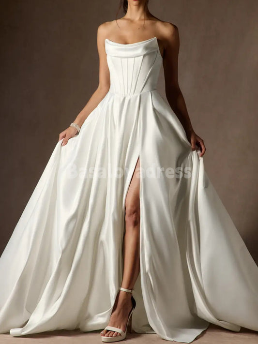 BWD00043 Strapless Satin Wedding Dress Simple Elegant Light Ivory A Line Bridal Gowns