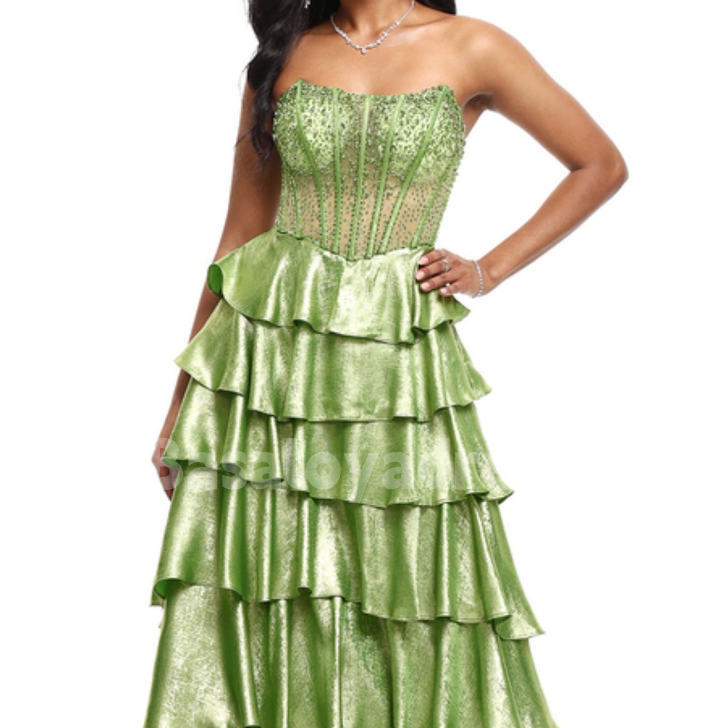 BDES00043 Green A-line Scoop Sweep Train Metallic Prom Dresses With Rhinestone Beading