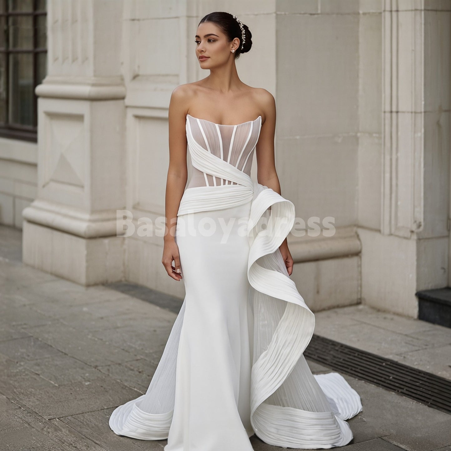 BWD00027 Strapless Fishbone Bodice Pleated Light Beige Mermaid Wedding Dress with Side Train