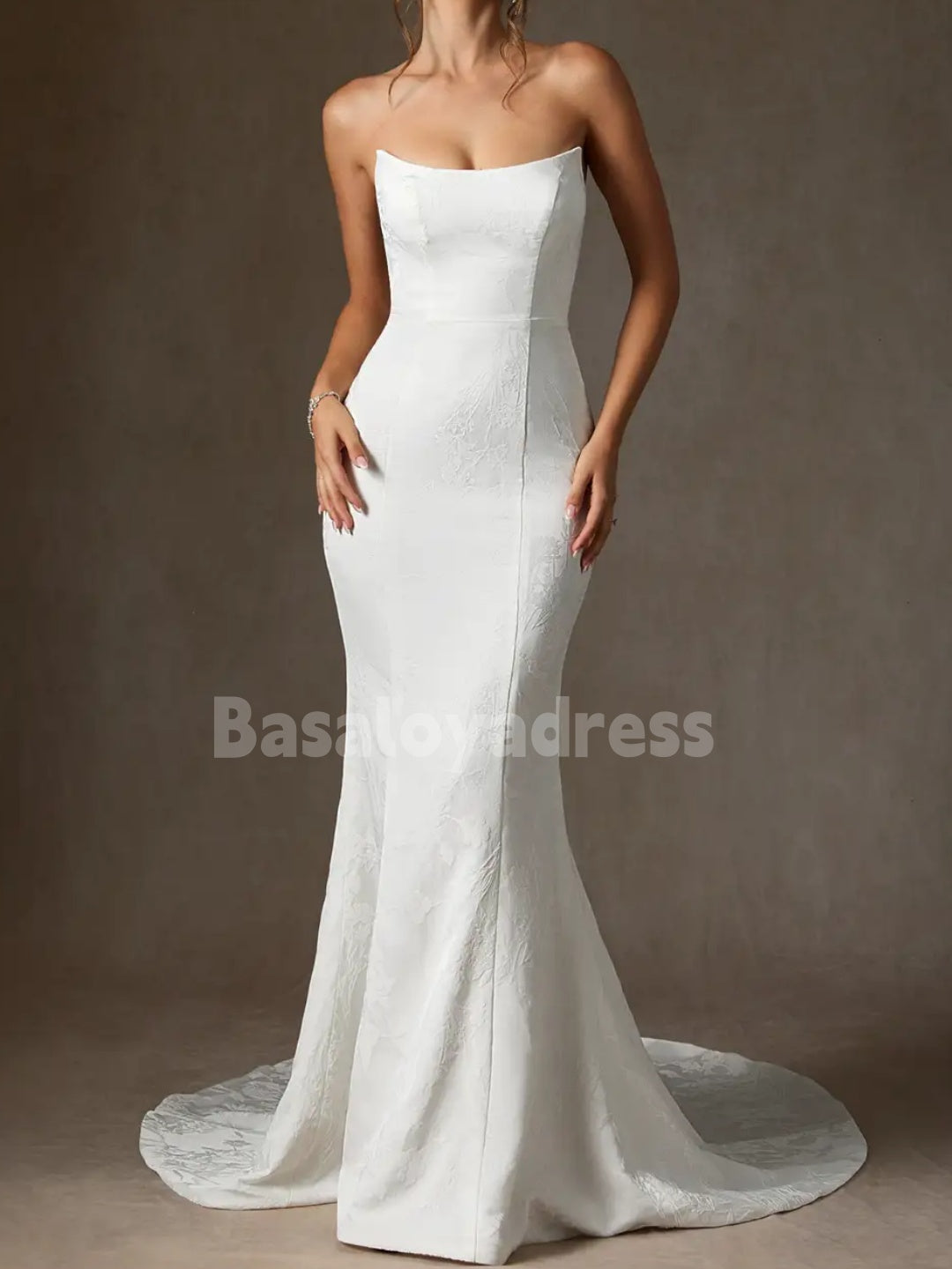 BWD00044 Mermaid Strapless Floral Jacquard Wedding Dress with Tulle and Diamond Gloves
