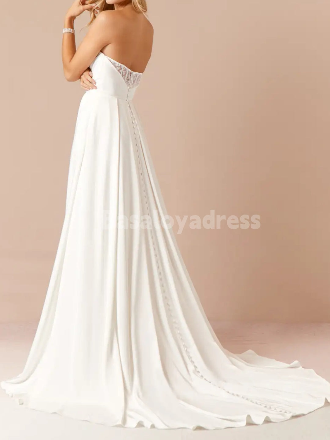 BWD00048 A-Line Crepe Back Lace Applique Dress with Detachable Spaghetti Straps and High Slit