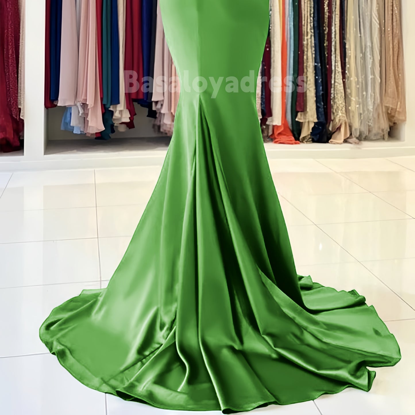BDES00061 Green Mermaid Off-the-Shoulder Sweetheart Neckline Short Sleeve Satin Sweep Train Prom Dress With Pleated