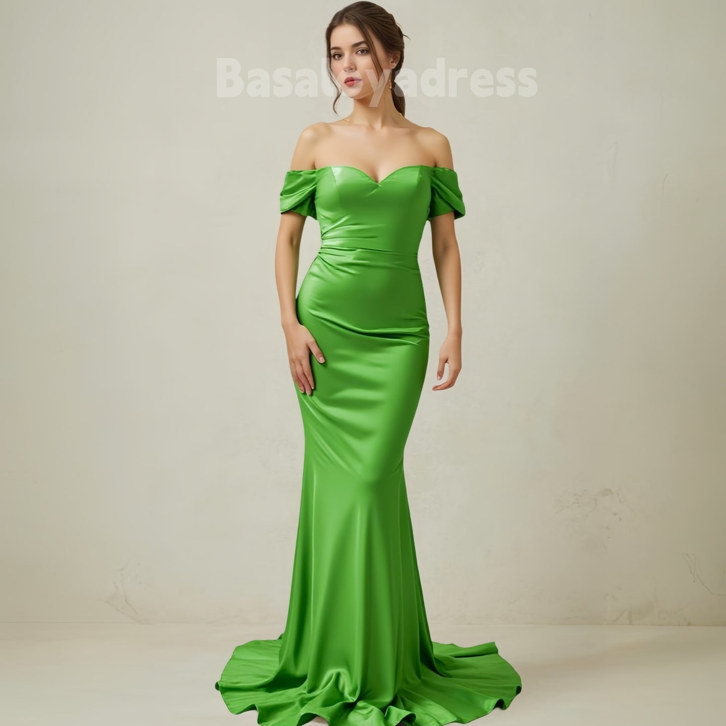 BDES00061 Green Mermaid Off-the-Shoulder Sweetheart Neckline Short Sleeve Satin Sweep Train Prom Dress With Pleated