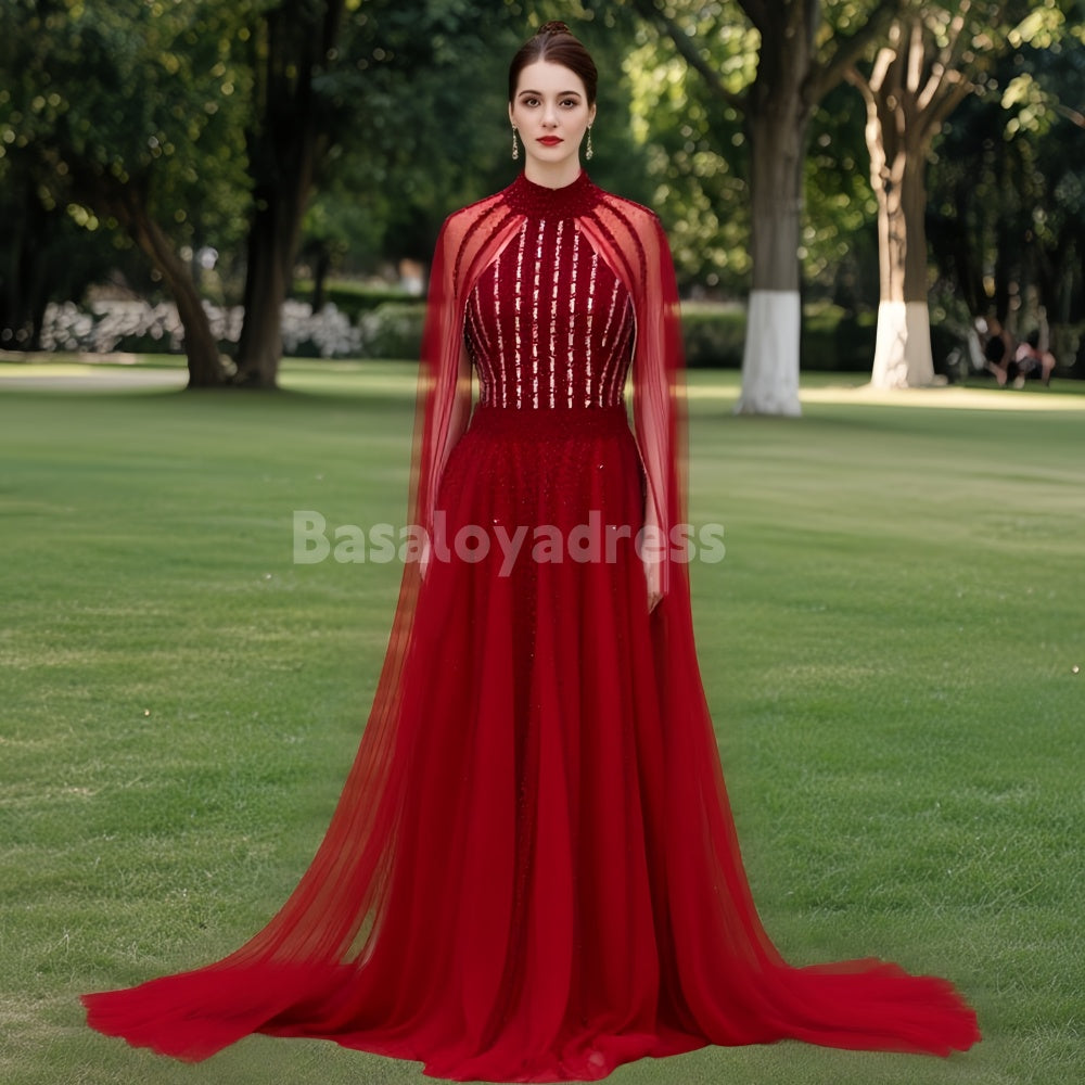 BDES00062 2025 Arabic Sparkly Beaded Luxury Cape Sleeve A-Line Prom Dresses Evening Dress for Women's Wedding Party