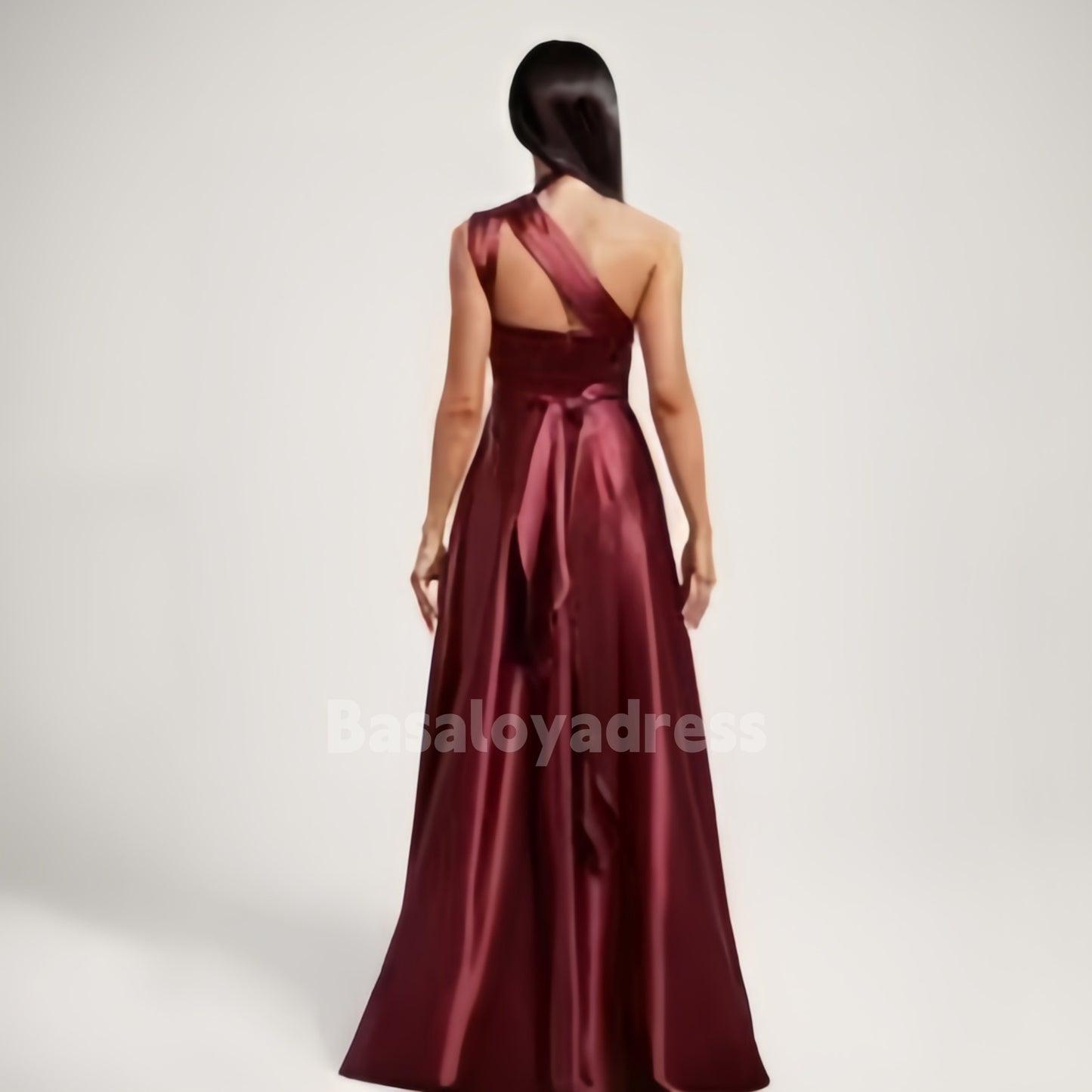 BDES00063 A-line Convertible One Shoulder/V-Neck/Halter Floor-Length Satin Bridesmaid Dress