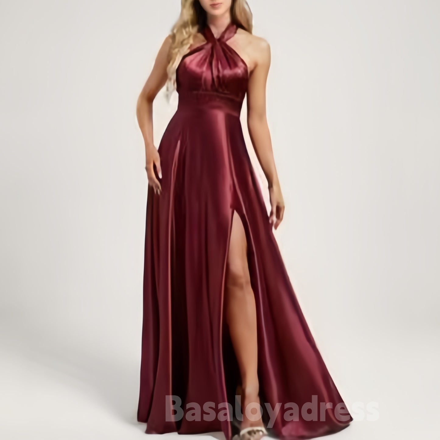 BDES00063 A-line Convertible One Shoulder/V-Neck/Halter Floor-Length Satin Bridesmaid Dress