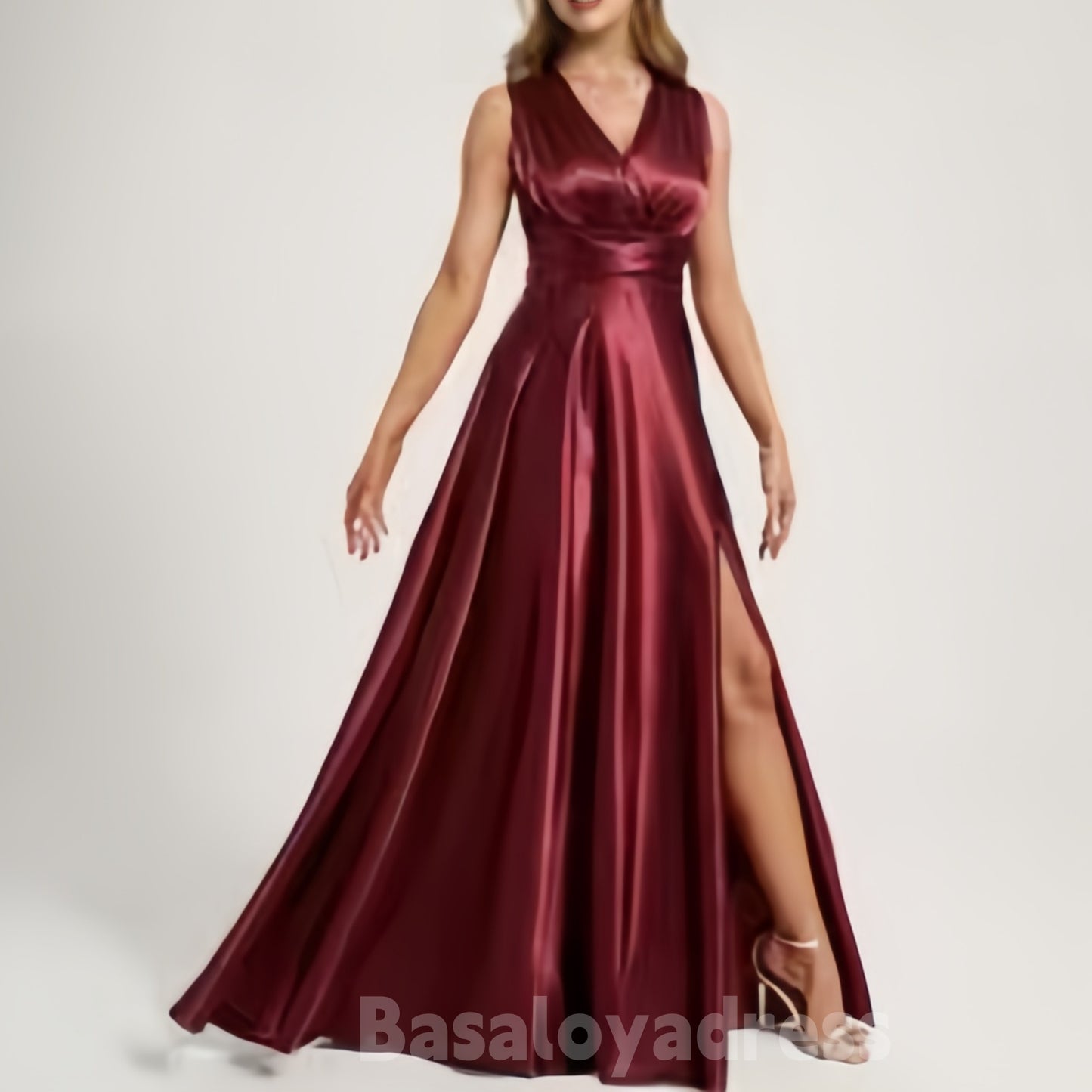BDES00063 A-line Convertible One Shoulder/V-Neck/Halter Floor-Length Satin Bridesmaid Dress