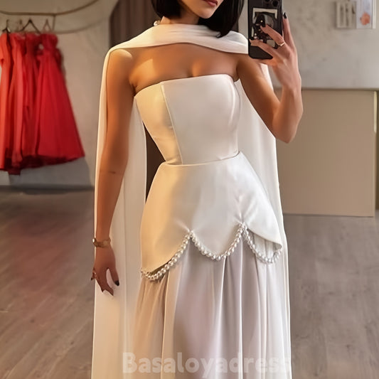 BDES00074 Elegant Chiffon Evening Dress Pearls Strapless A Line Formal Occasion Dresses Women Long Slim Prom Gowns with Cape