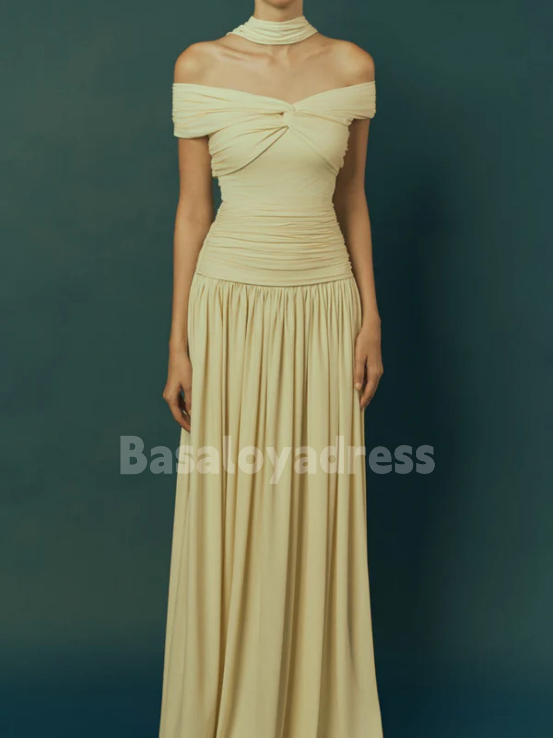 BDES00118 Lemon YellowA-line Off-Shoulder Maxi Dress Drop Waist Pleated Prom Dress