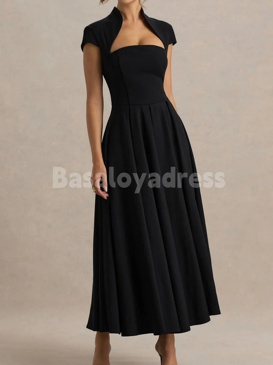 BDES00115 Black A-Line Midi Dress Queen Anne Neck Sleeveless Wedding Guest Dresses with Pleats Formal Evening Prom Gown