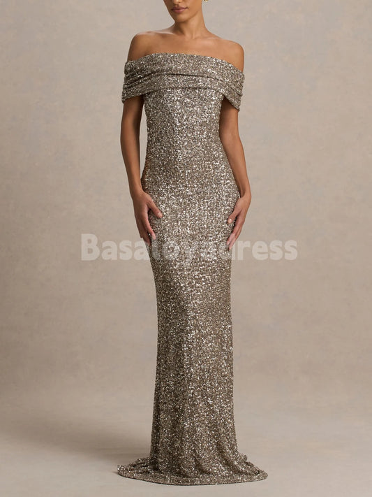 BDES00119 Women's Champagne Sparkling Evening Dress Off The Shoulder Sequin Gown