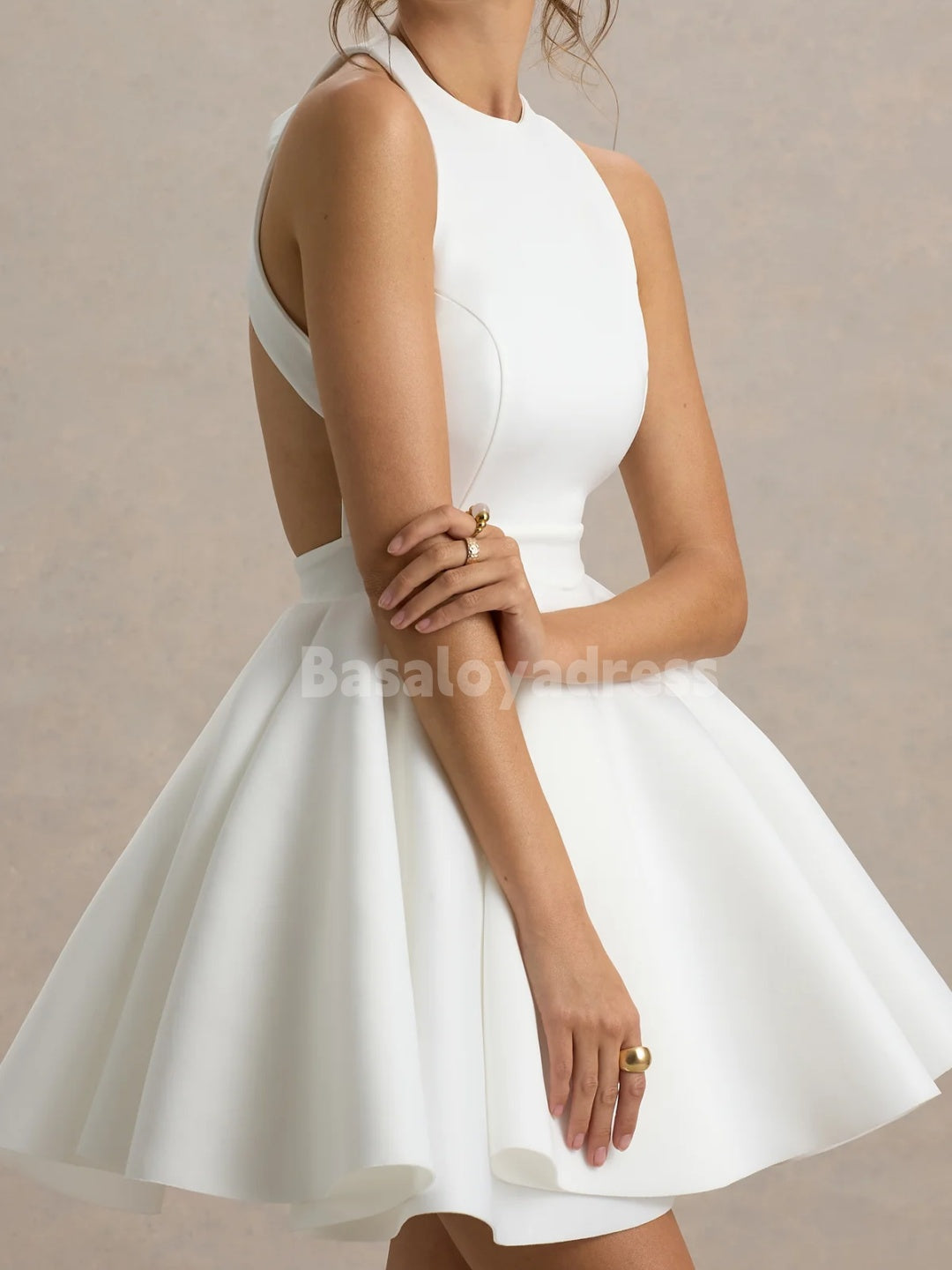 BWD00062 Light Ivory Halter Neck Sleeveless Backless A-line Mini Dress Short Wedding Dress