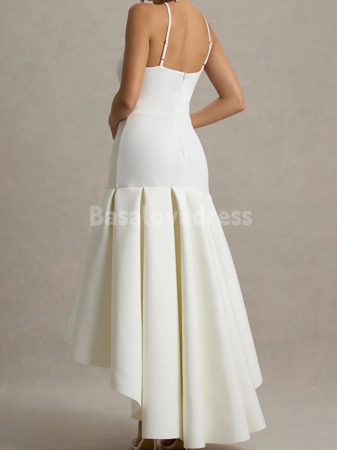 BDES00114 Light Beige Halter Neck Spaghetti Strap High-Low Maxi Dress with Pleats