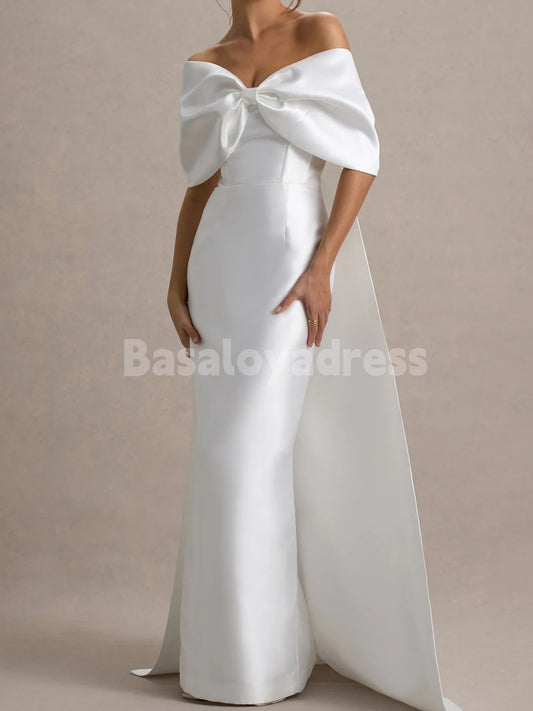 BWD00041 Light Beige Off The Shoulder Backless Simple Bow Cape Mermaid Wedding Dress