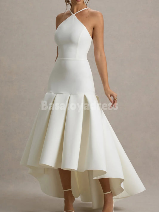 BDES00114 Light Beige Halter Neck Spaghetti Strap High-Low Maxi Dress with Pleats