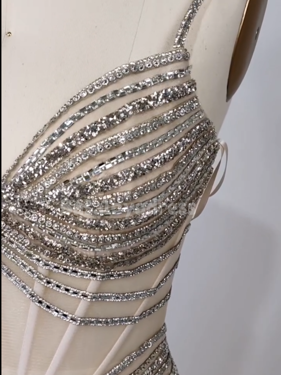 BDES00096 Sparkle Spaghetti Strap Pearls and Crystals Mesh Tulle Evening Dress For Women