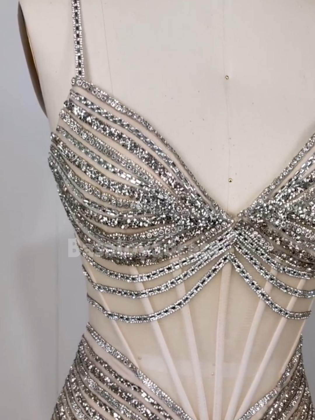 BDES00096 Sparkle Spaghetti Strap Pearls and Crystals Mesh Tulle Evening Dress For Women